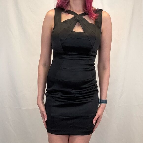 JAX Women's Sleeveless Mini Cocktail Dress Black 6 Sheer Satin Cutout High Neck - Picture 1 of 14